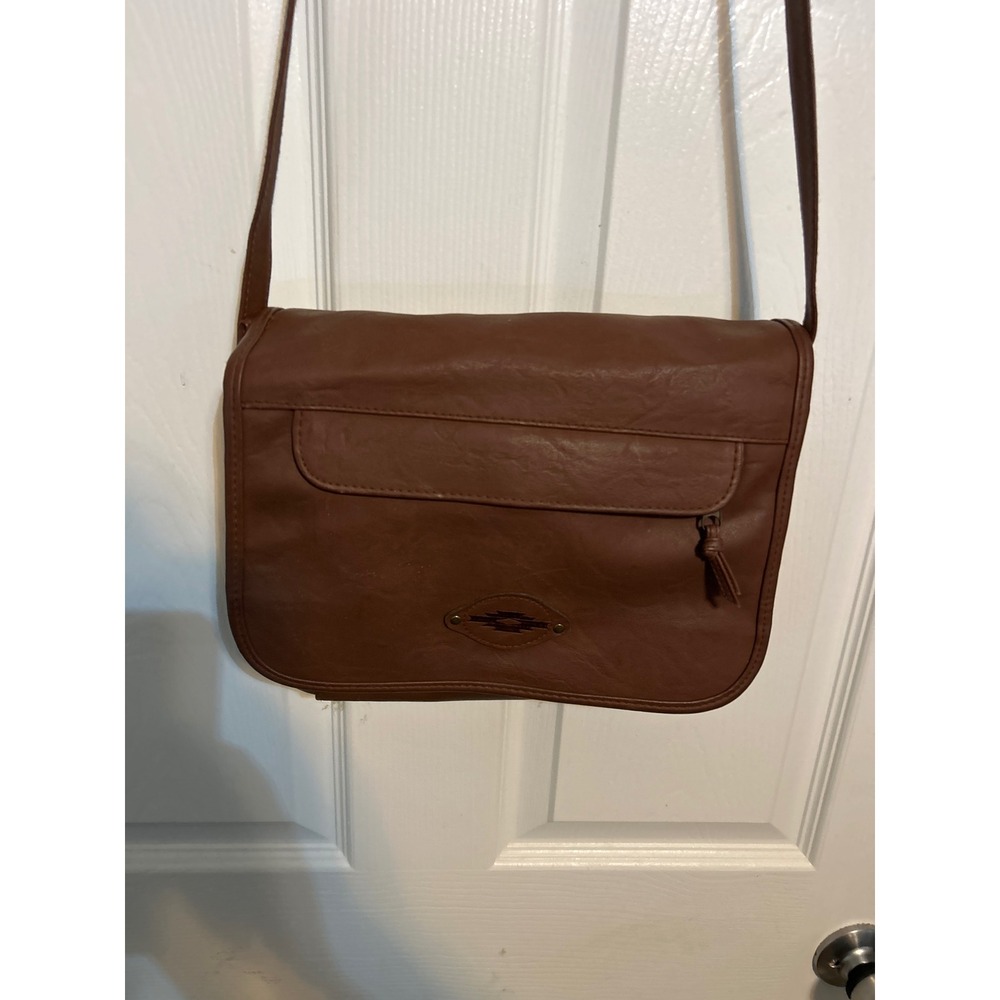 Vintage Brown Faux Leather Multi Compartment Crossbody Bag Southwestern Emblem
